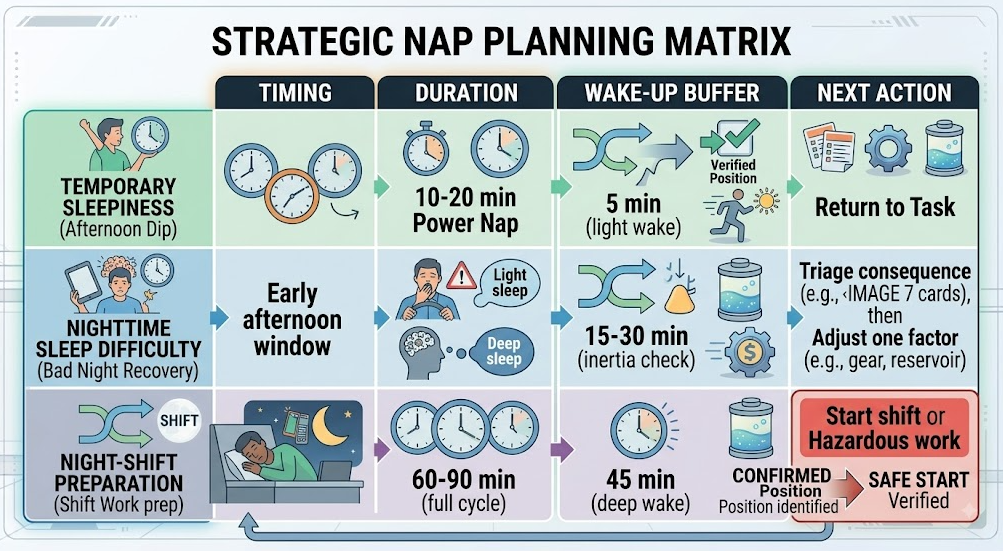A matrix compares nap timing, duration, recovery time, and review signals for three different sleep situations.