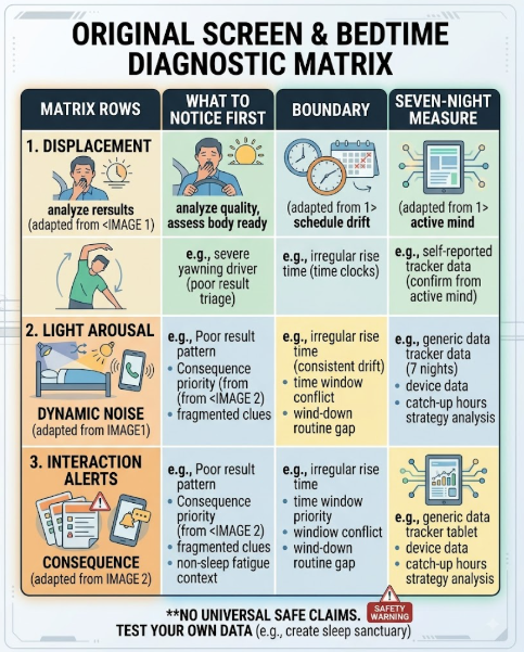 A matrix matches five screen-related bedtime problems with evidence, a first boundary, and a success measure.