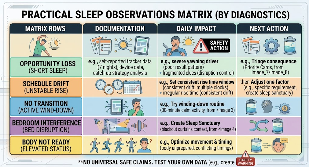 A matrix organizes five types of sleep observations by documentation, daily impact, and next action.