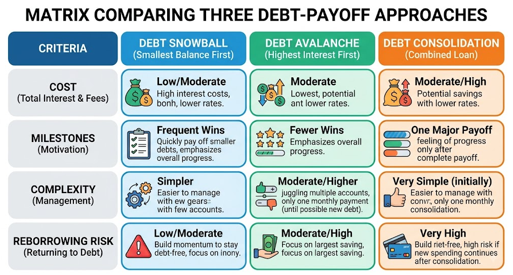 A matrix compares three debt-payoff approaches across cost, milestones, complexity and reborrowing risk.