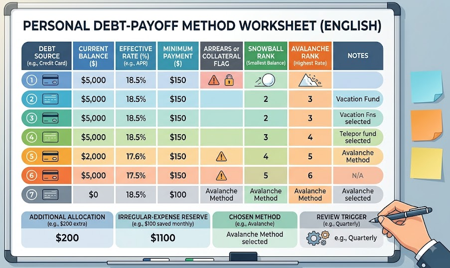 A worksheet ranks debts two ways and records priority flags, reserves and the chosen repayment rule.