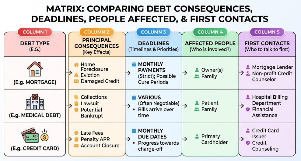 A matrix compares debt consequences, deadlines, affected people, and first contacts.