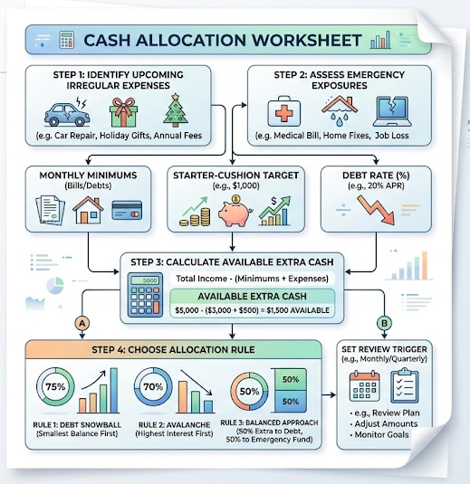 A worksheet allocates available cash among upcoming costs, a starter cushion, and priority debt.