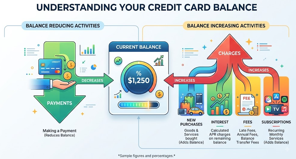 Payments reduce a card balance while purchases, interest, fees, and subscriptions can add it back.