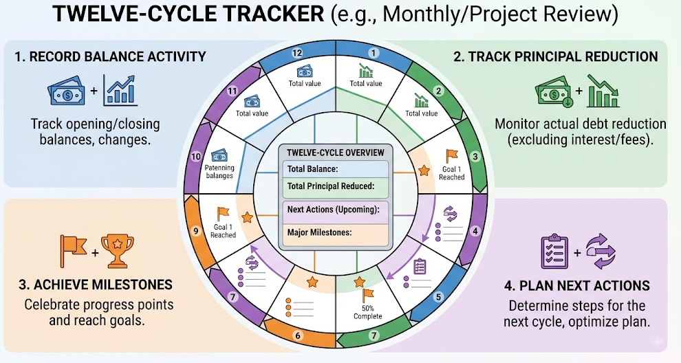 A twelve-cycle tracker records balance activity, principal reduction, milestones, and next actions.