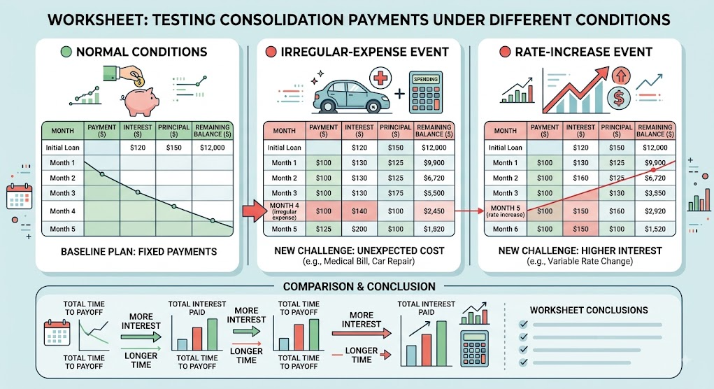 A worksheet tests consolidation payments under normal, irregular-expense, and rate-increase conditions.