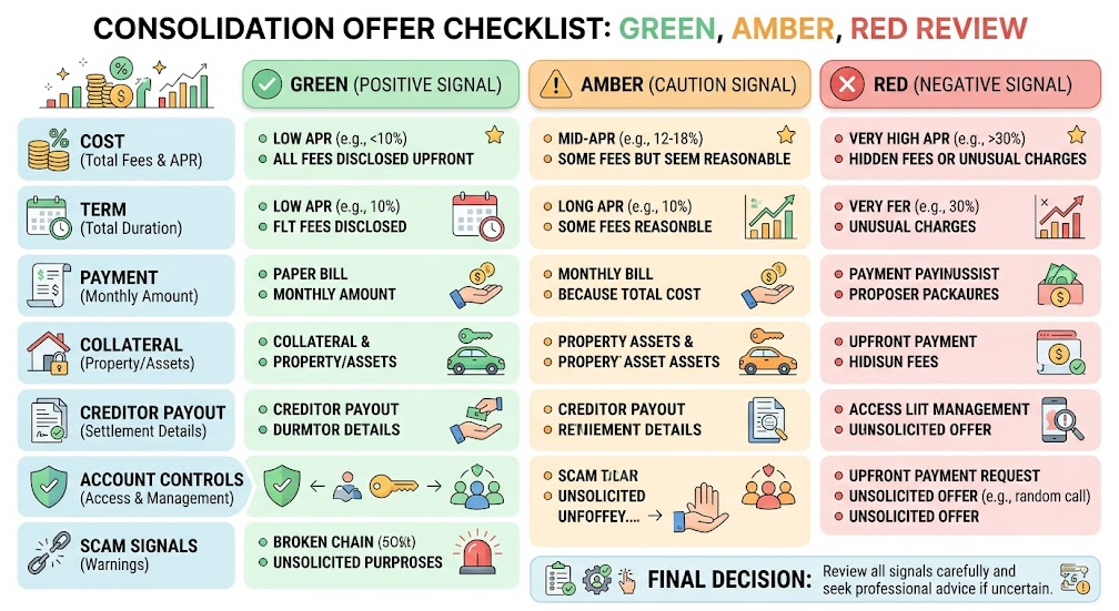 A review checklist flags acceptable, uncertain, and high-risk consolidation terms.