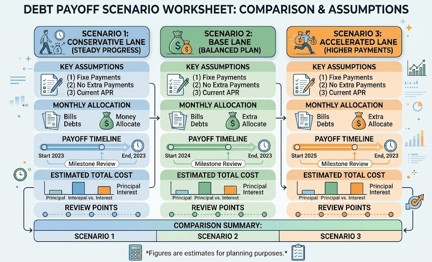 A worksheet compares three payoff scenarios and their assumptions.