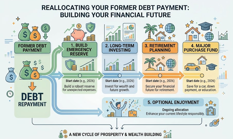 The former debt payment is divided among four named goals and optional enjoyment.