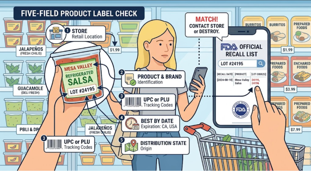 Five fields to compare when checking whether food matches a recall.
