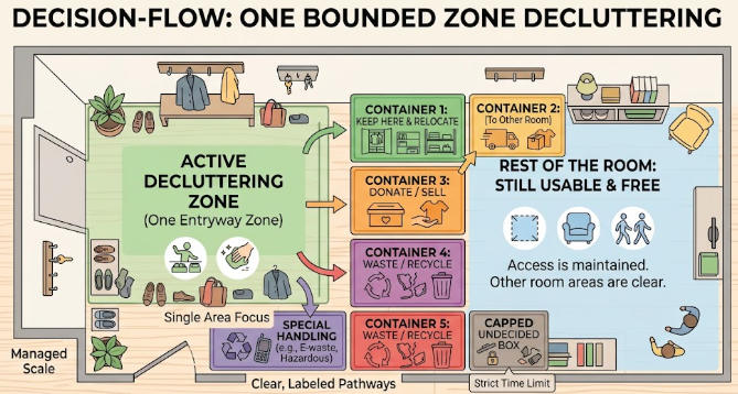 A decluttering flow routes items from one small zone to seven controlled destinations.