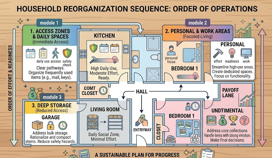 A flexible decluttering sequence moves from access and daily-use spaces toward deep storage and sentimental projects.