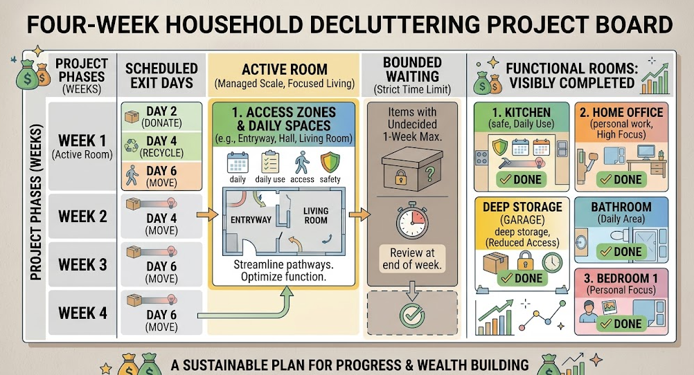 A four-week decluttering board keeps one room active while tracking exits, waiting decisions, and functional rooms.