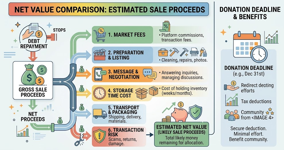 A comparison subtracts sale costs and effort from expected proceeds before comparing a verified donation handoff.