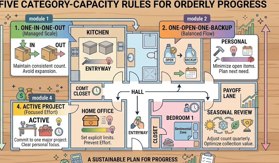 Five category-capacity rules control recurring household items while allowing needs-based exceptions.