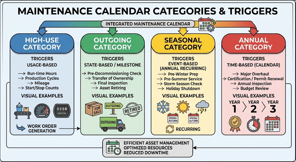 A maintenance calendar assigns different triggers to high-use, outgoing, seasonal, and annual categories.
