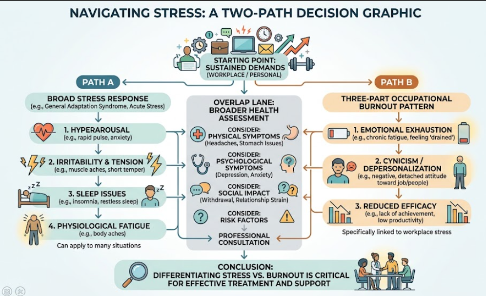 Stress vs Burnout - A decision path distinguishes broad stress from the three-part occupational burnout pattern and flags overlap needing broader assessment.