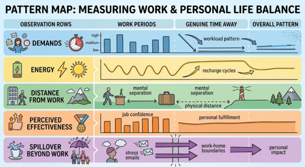A five-row map tracks demands, energy, work distance, effectiveness, and spillover across work and time away.