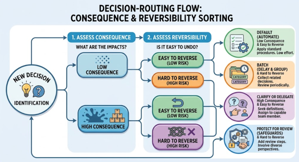 A flow routes choices to a default, batch, delegation, or protected review.