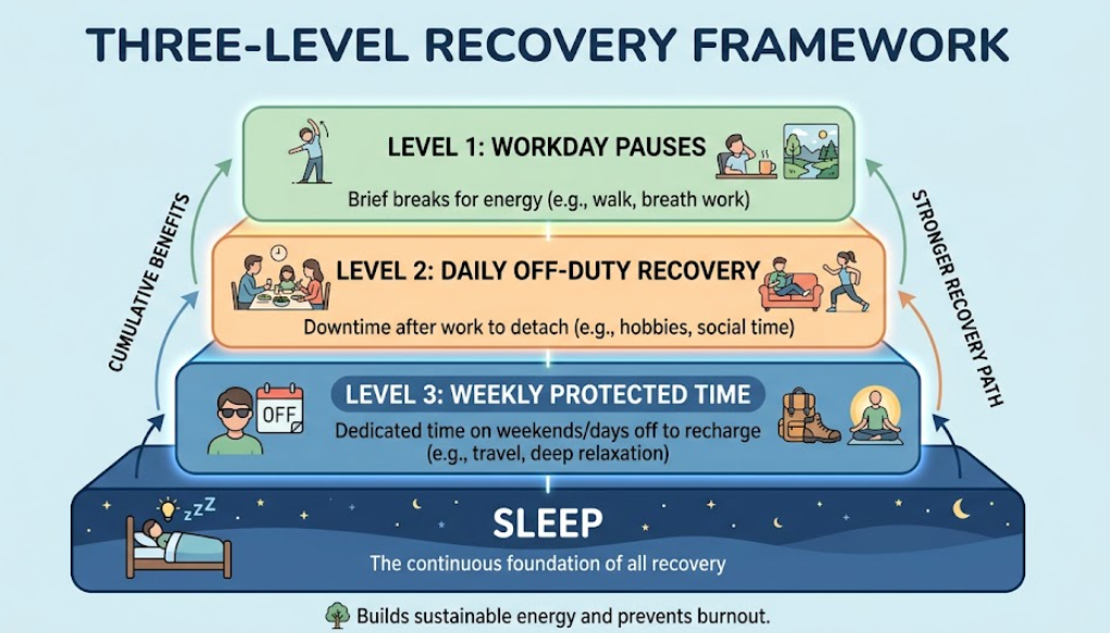 Three levels of recovery time sit above a foundation of adequate sleep opportunity.