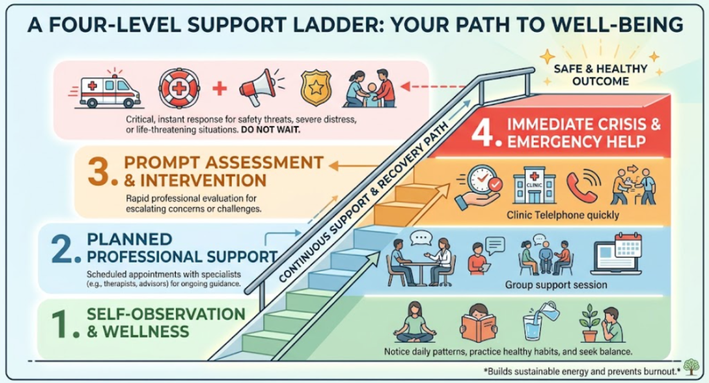 four levels from observation to emergency When Self-Help Is Not Enough
