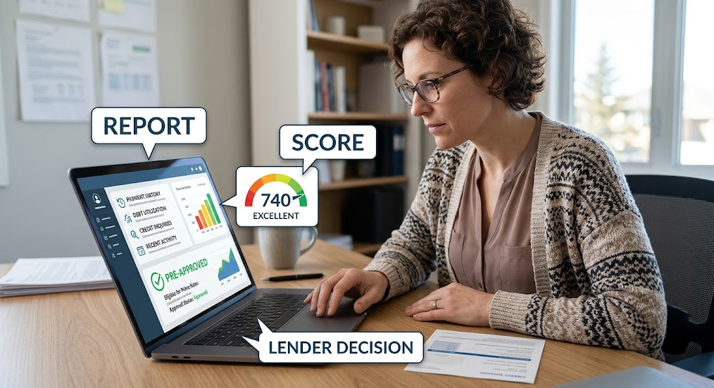 Person reviewing a credit report and score while separating them from a lender’s decision. - How Credit Scores Work