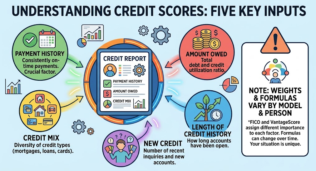 Five common categories of credit-report information used by scoring models.