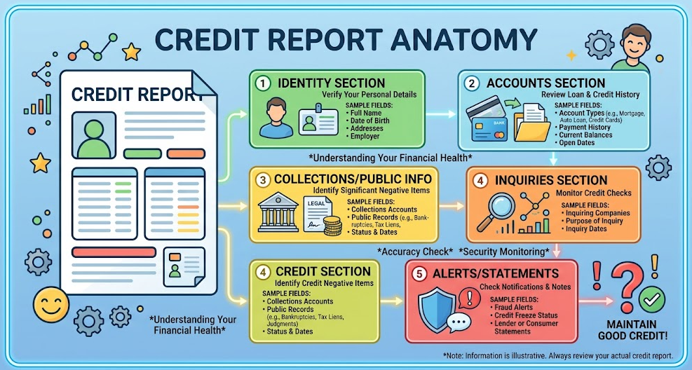 Main sections commonly found in a credit report.