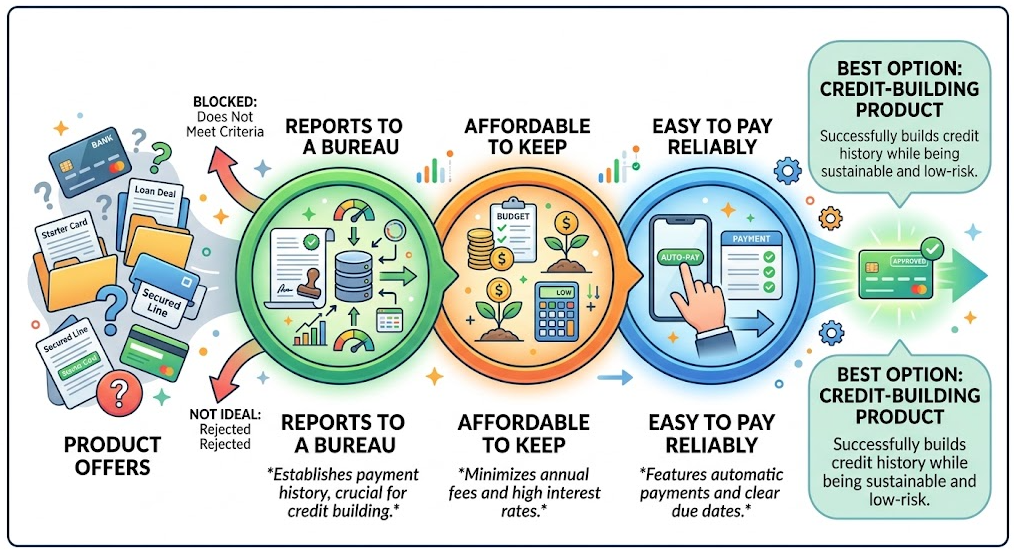 Three tests for choosing a credit-building product: reporting, affordability, and reliable payment. - how to build credit