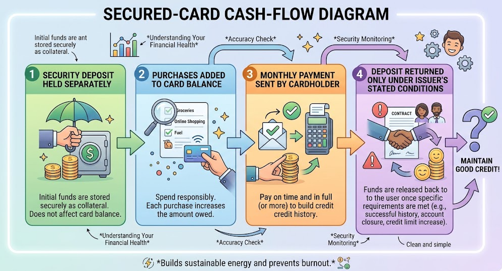 A secured card deposit is held separately while the cardholder still pays each monthly bill.