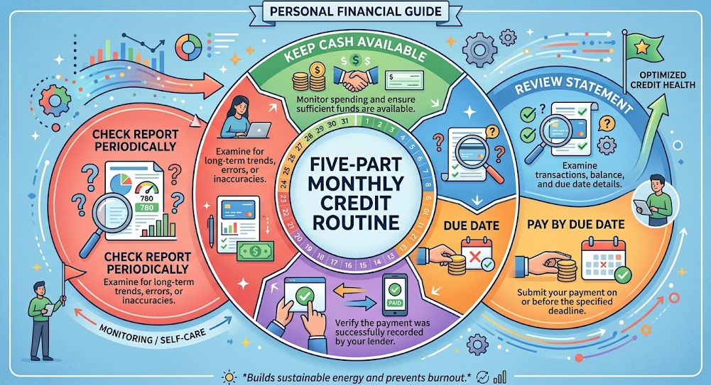Five steps for maintaining a new credit account each month.