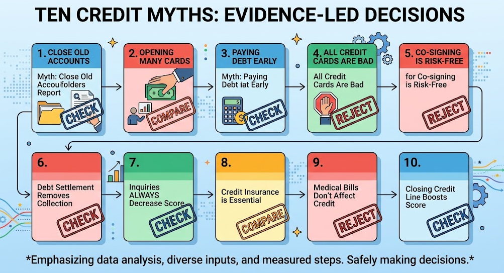 Ten credit-score claims categorized for checking, comparison, or rejection.