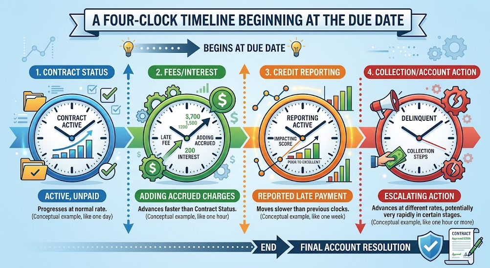 Four timelines that may begin after a payment due date is missed.-How Late Payments Affect Your Credit