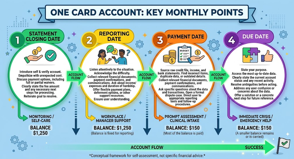 Credit-card balance snapshots across closing, reporting, payment, and due dates.
