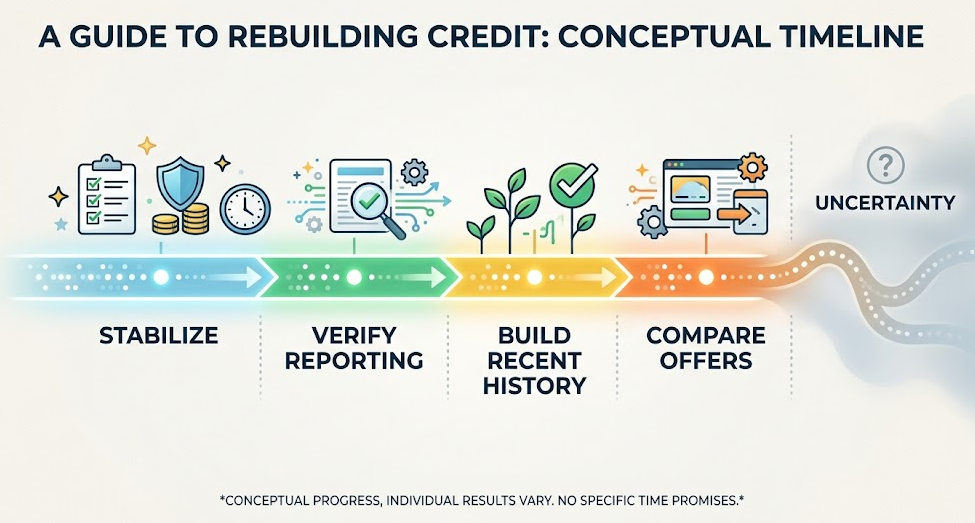 A flexible credit-rebuilding timeline moves from stabilization to reporting checks, recent history, and offer comparison.
