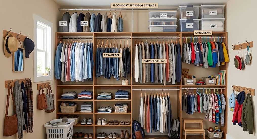 A small family closet keeps daily clothing within reach while occasional items use higher secondary storage - to organize a small closet