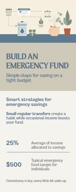 Small regular transfers and occasional extra income building an emergency fund.