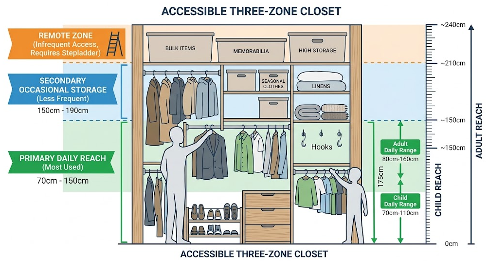 A closet diagram assigns daily, occasional, and remote storage according to adult and child reach