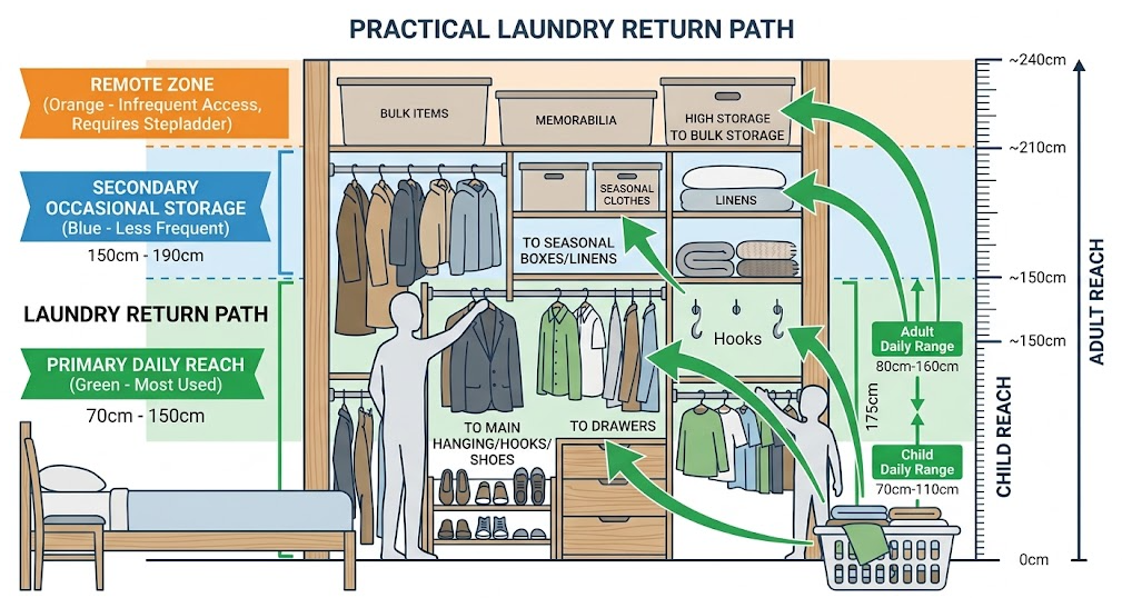 Clean laundry moves through simple decisions into reachable closet zones with room left for the next return.