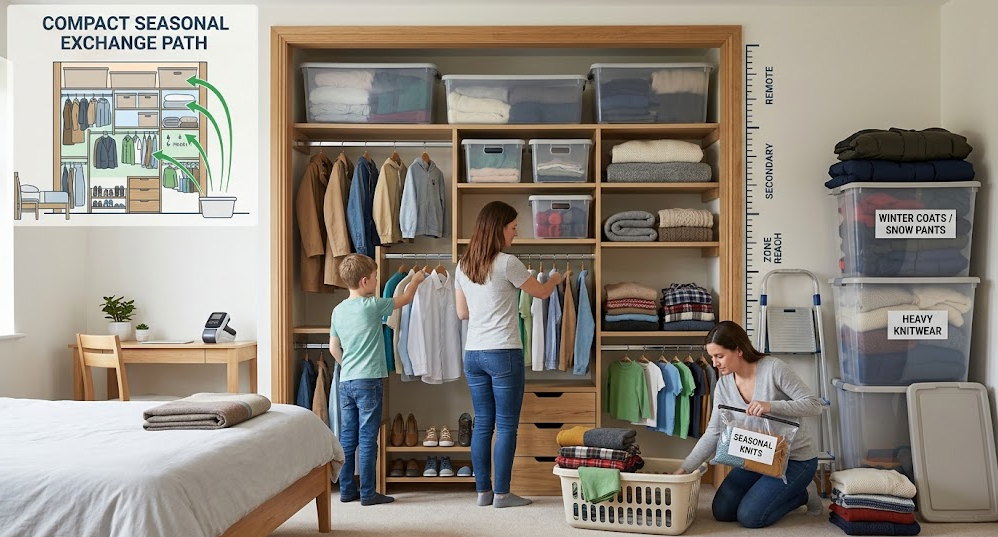 A family rotates one section of clothing while active and transition garments remain accessible.-Seasonal Clothing Rotation