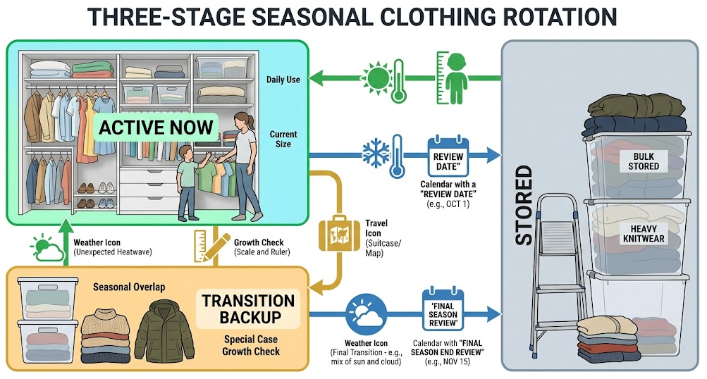 A three-stage clothing rotation keeps current garments accessible, a small transition backup nearby, and other clothing stored.