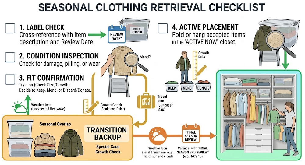 Stored seasonal clothing is checked for identity, condition, fit, care needs, and current placement before returning to the closet.