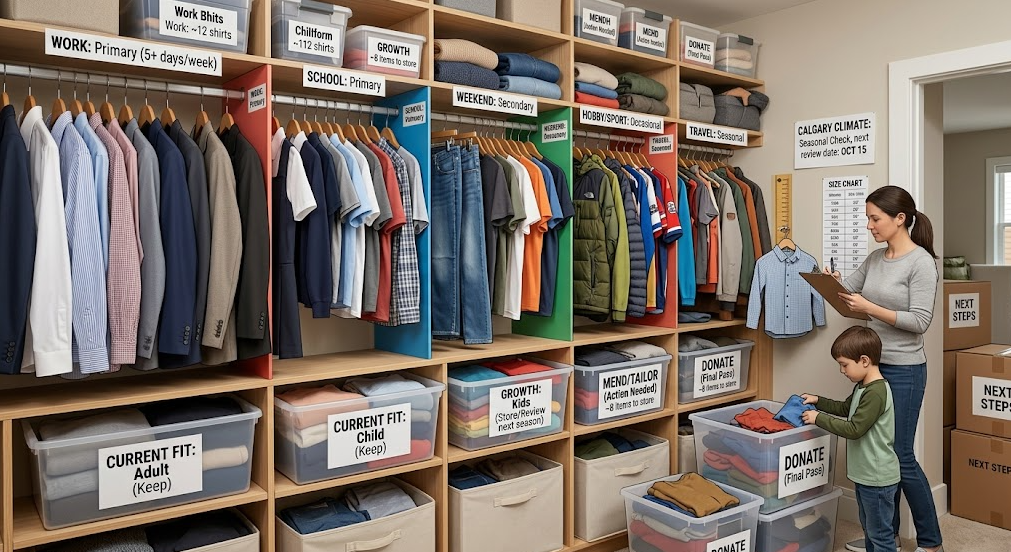 How Many Clothes Do You Need ?-Clothing is grouped by present role, fit, and use during a family wardrobe review.