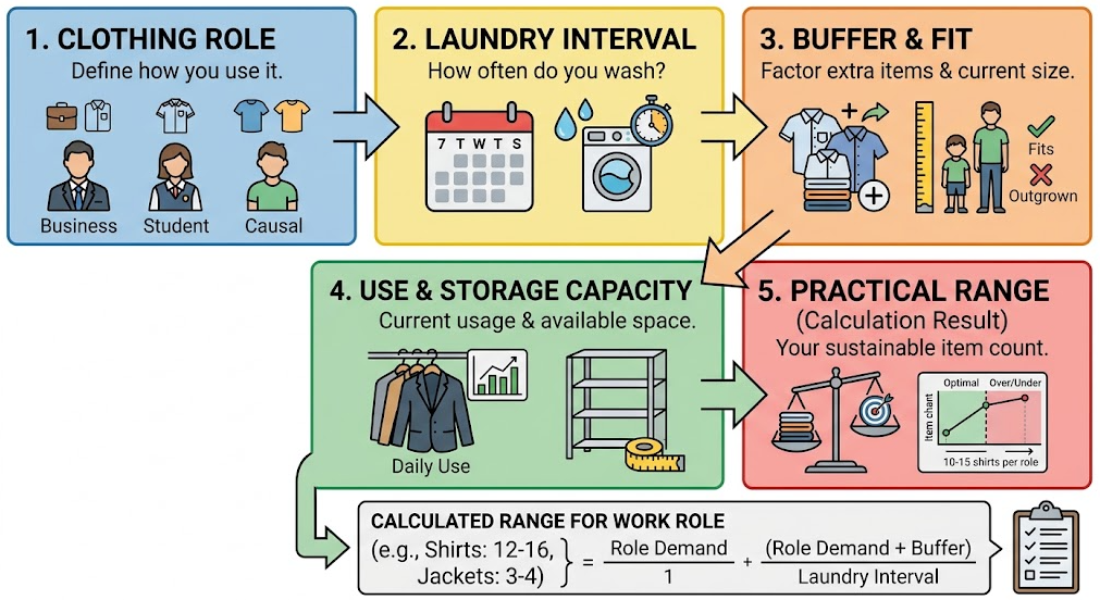 A clothing range is built from real roles, laundry timing, a small buffer, fit and use, and storage capacity.