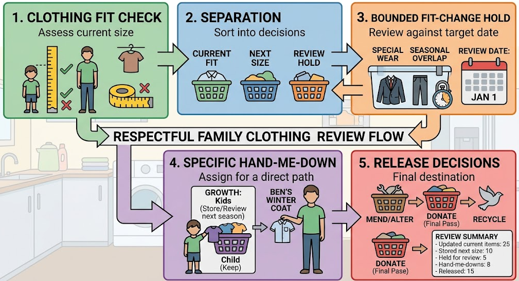 A family clothing review separates current fit, next size, bounded body-change holds, specific hand-me-downs, and release decisions.