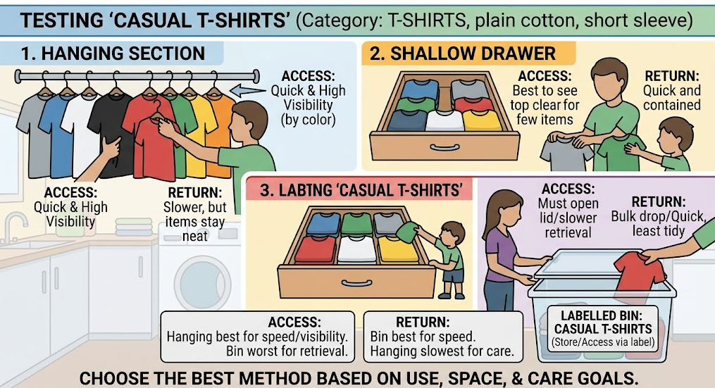 hangers drawers and bins - Clothing is tested on hangers, in a shallow drawer, and in a labelled bin to compare access and return effort.