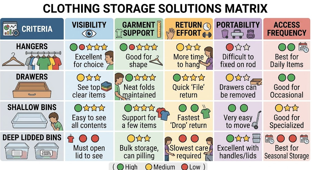 A matrix compares hangers, drawers, shallow bins, and deep lidded bins by support, visibility, return effort, and access frequency.