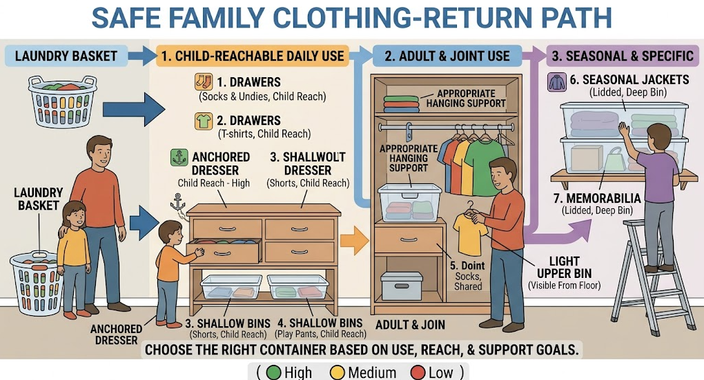 A safe clothing return path uses reachable child storage, supported hanging clothes, an anchored dresser, and a light labelled upper bin.