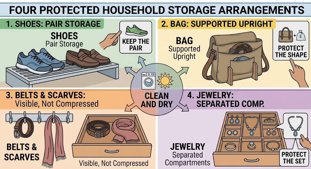 Protected household storage - Shoes, Bag, Belts, Scarves, and Jewelry