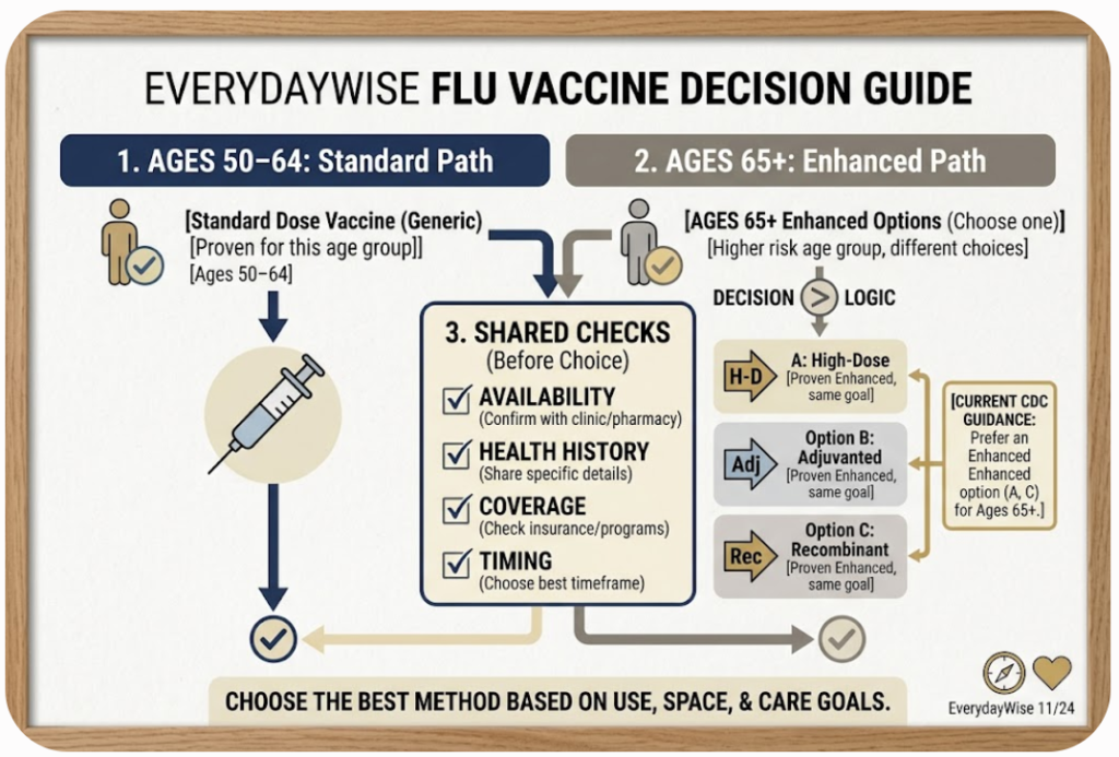 Two-path flu vaccine decision infographic for Ages 50–64 and Ages 65+